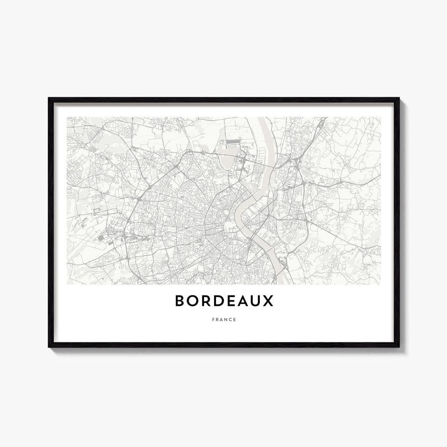 Bordeaux black & white map poster of France – horizontal wall art, unframed print shown in interior mockup