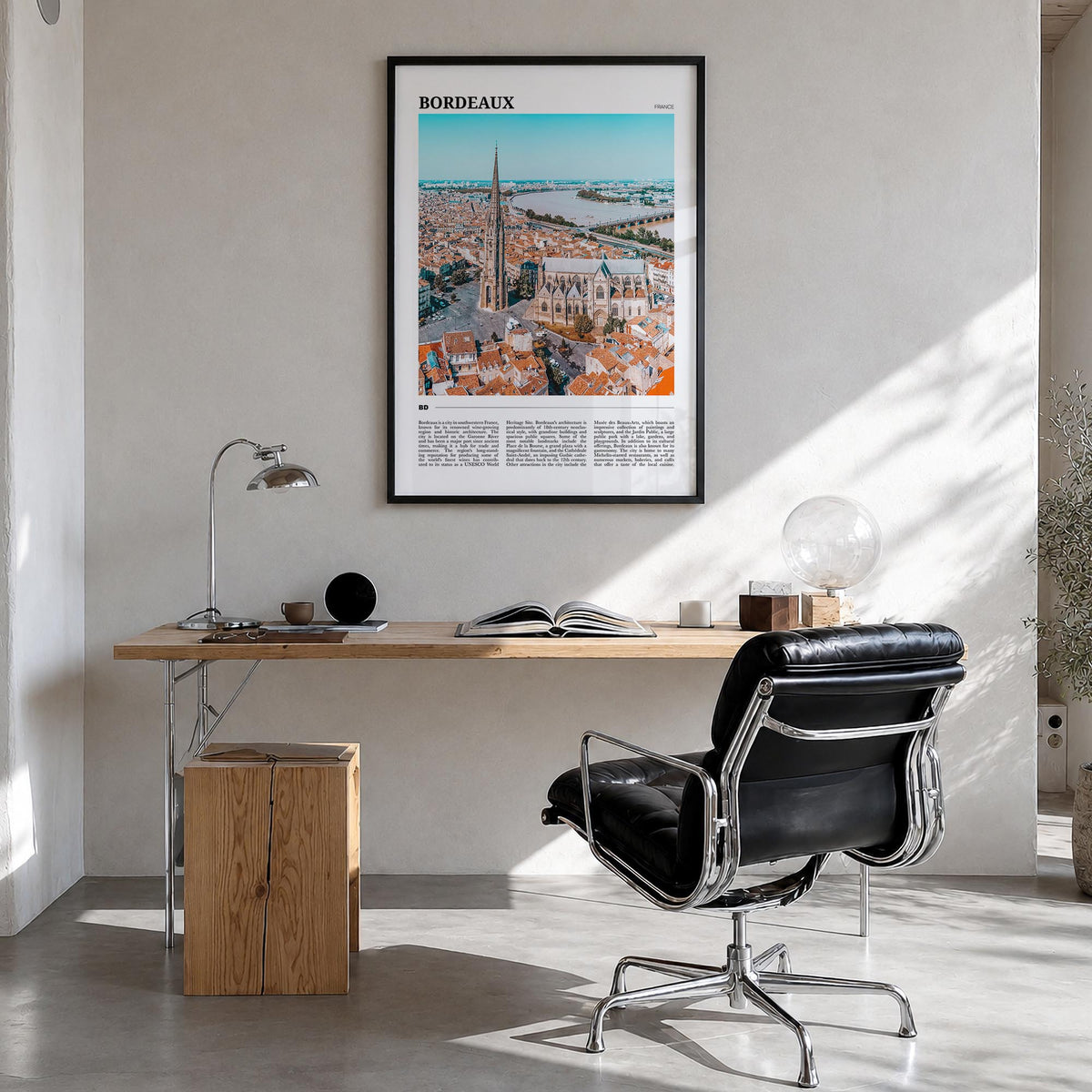 Bordeaux colorful travel poster of France – vertical wall art in black wood frame, hanging on wall