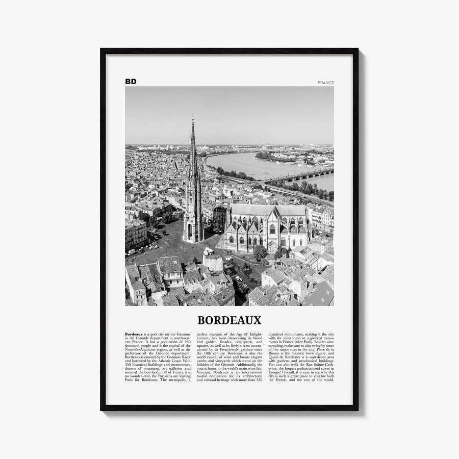 Bordeaux no. 1 black & white newspaper poster of France – vertical wall art, unframed print shown in interior mockup