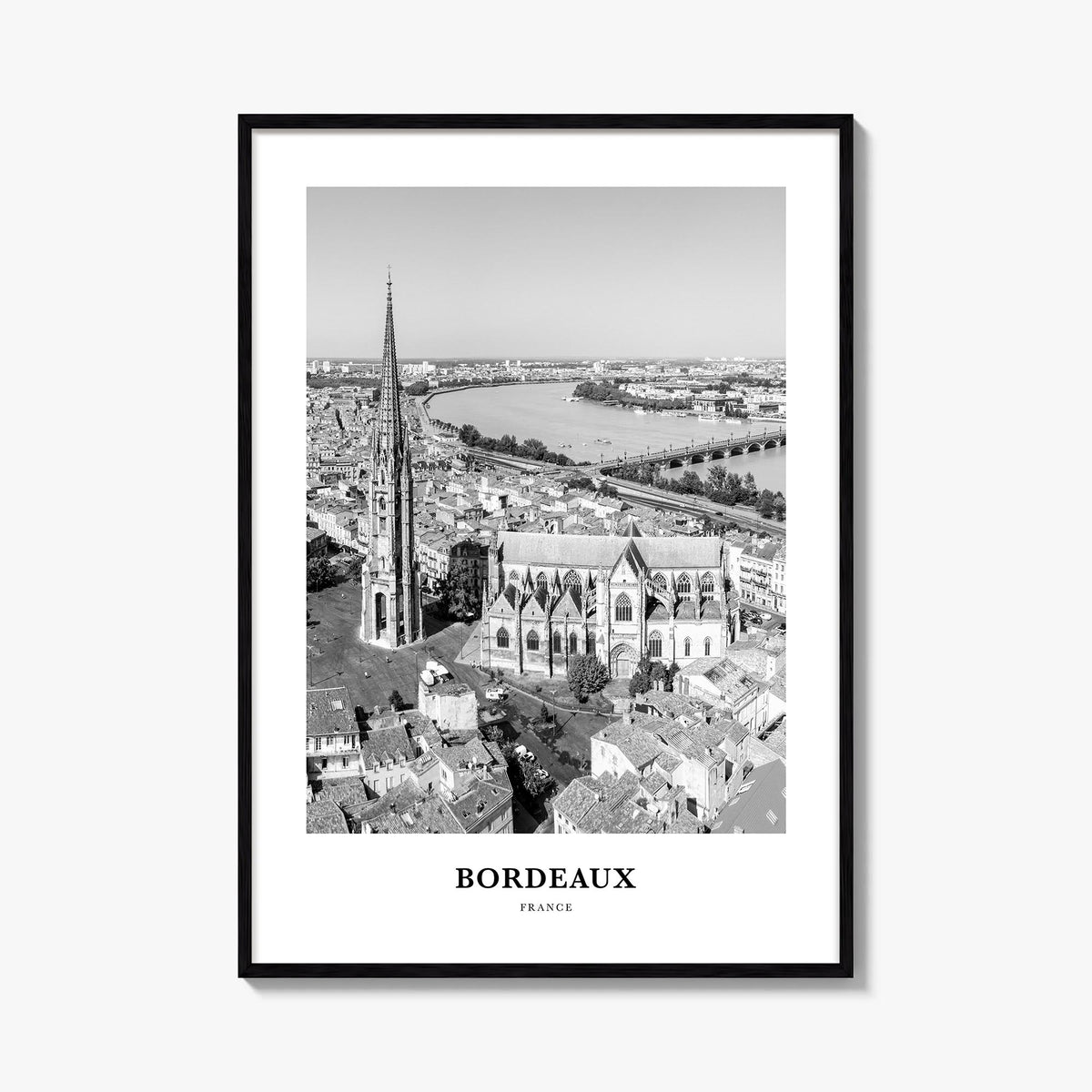 Bordeaux no. 2 black & white classic poster of France – vertical wall art, unframed print shown in interior mockup