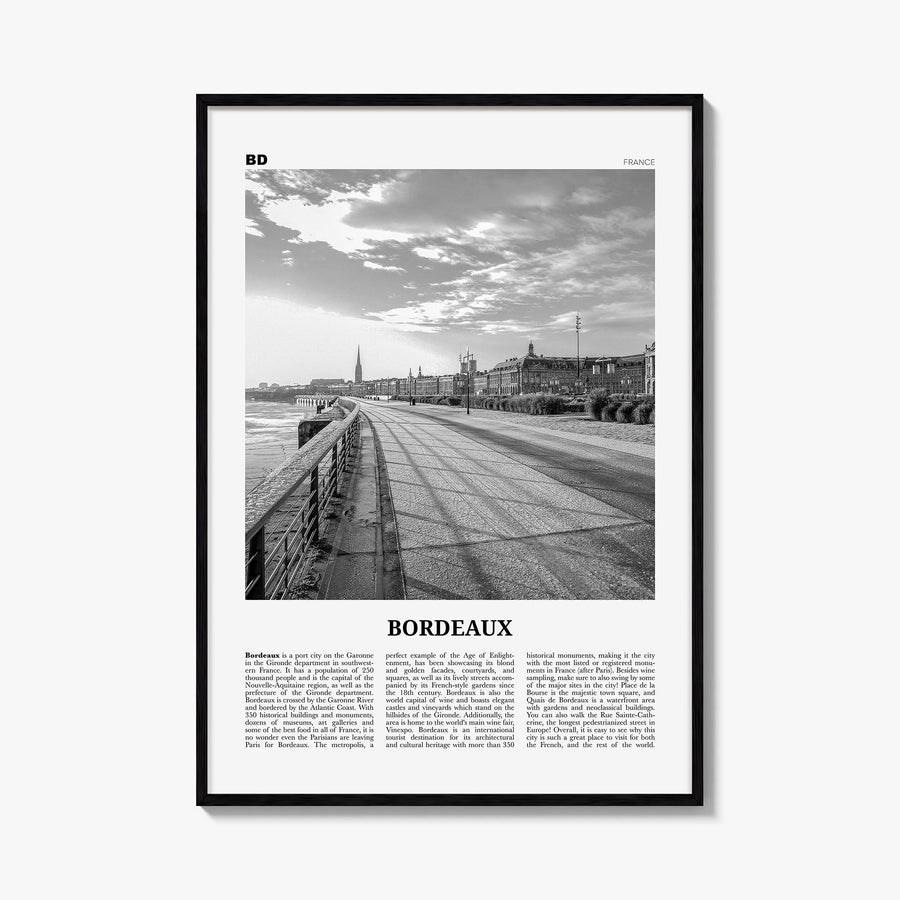 Bordeaux no. 2 black & white newspaper poster of France – vertical wall art, unframed print shown in interior mockup