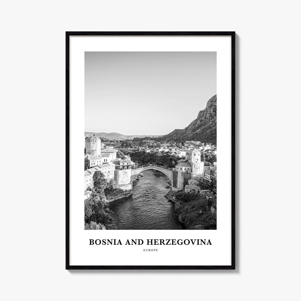 Bosnia and Herzegovina black & white classic poster of Europe – vertical wall art, unframed print shown in interior mockup