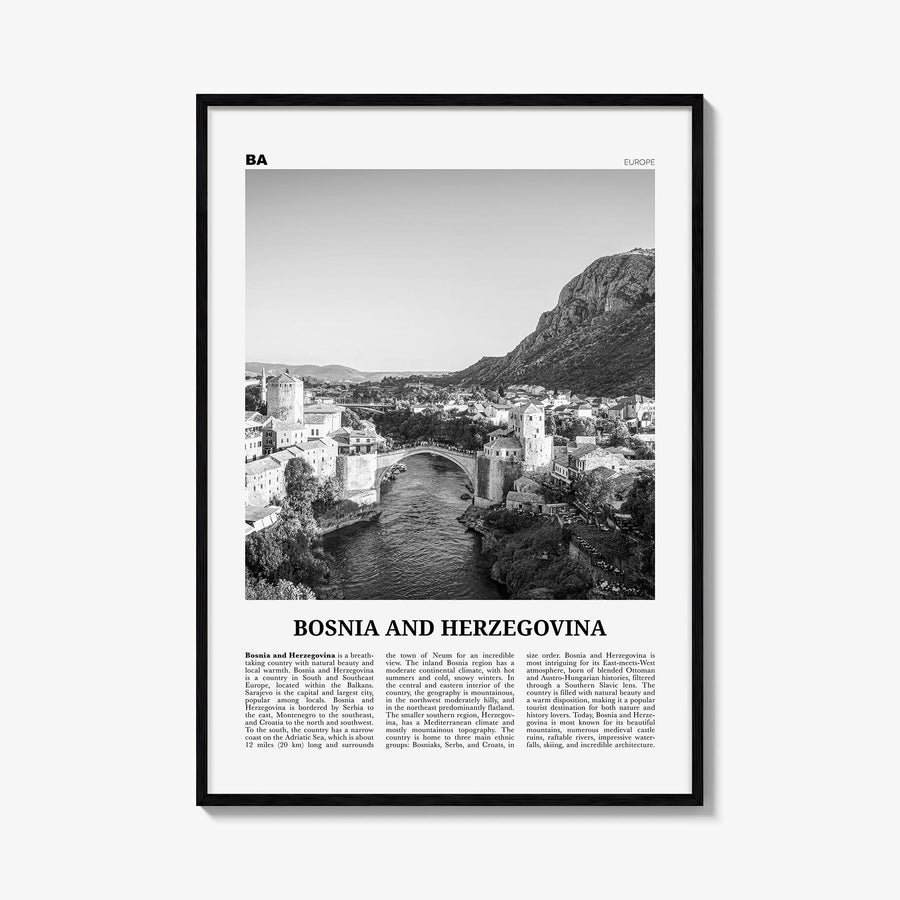 Bosnia and Herzegovina black & white newspaper poster of Europe – vertical wall art, unframed print shown in interior mockup