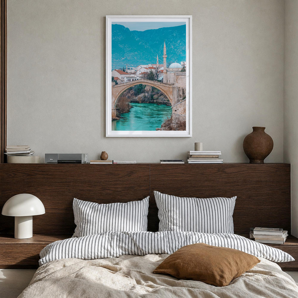 Bosnia and Herzegovina colorful photo poster of Europe – vertical wall art in white wood frame with white border, hanging on 