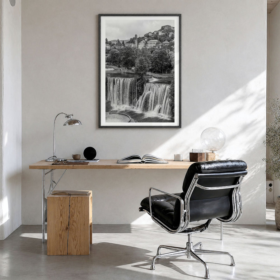 Bosnia and Herzegovina Photo Poster in a black wood frame, hanging in a bright home office, white border