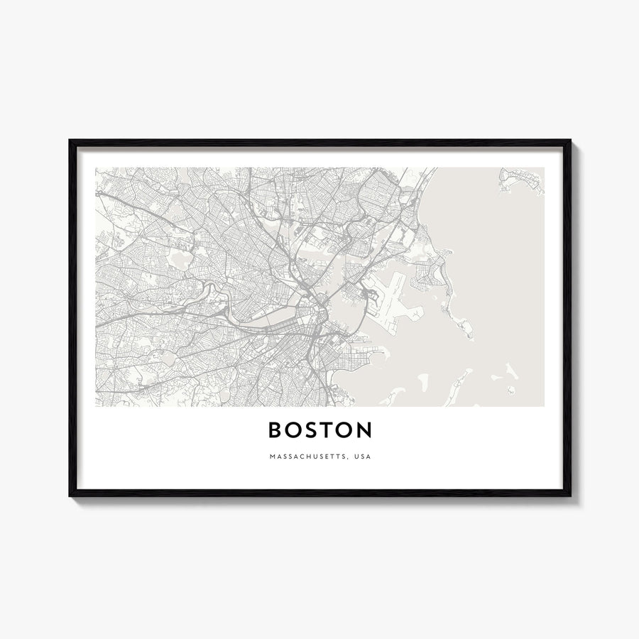 Boston black & white map poster of Massachusetts, USA – horizontal wall art, unframed print shown in interior mockup