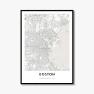 Boston black & white map poster of Massachusetts, USA – vertical wall art, unframed print shown in interior mockup