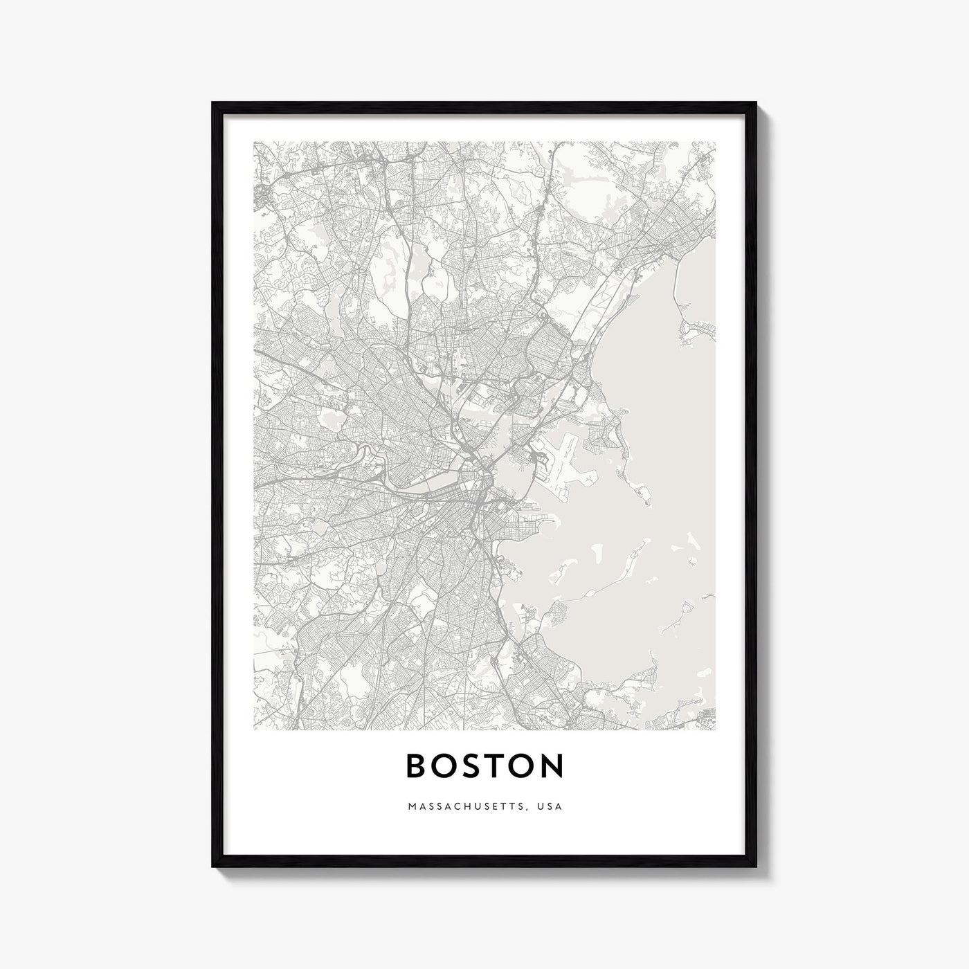 Boston black & white map poster of Massachusetts, USA – vertical wall art, unframed print shown in interior mockup