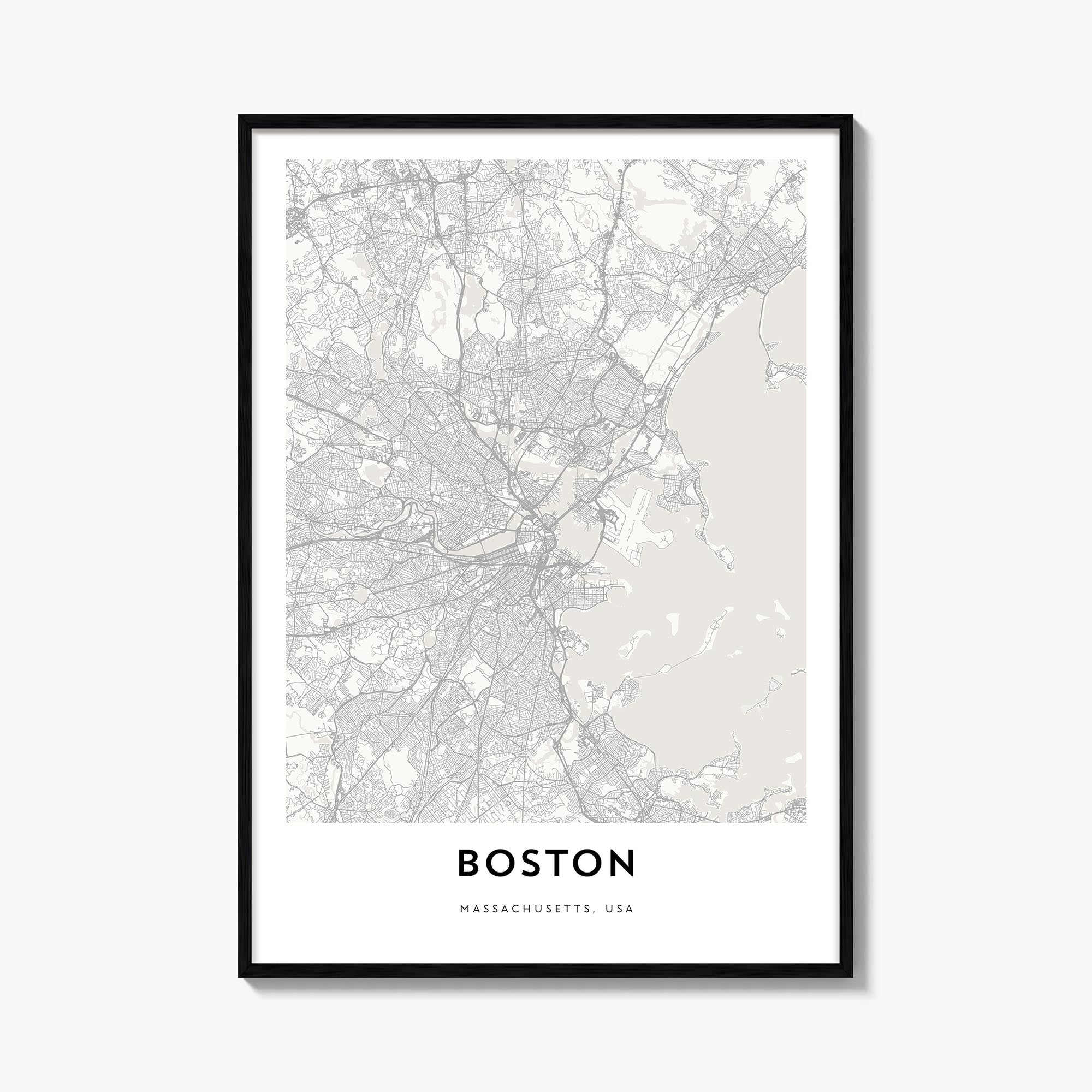 Boston black & white map poster of Massachusetts, USA – vertical wall art, unframed print shown in interior mockup