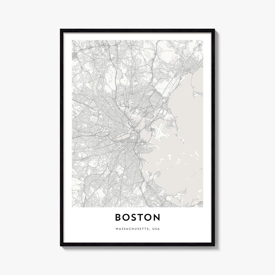 Boston black & white map poster of Massachusetts, USA – vertical wall art, unframed print shown in interior mockup