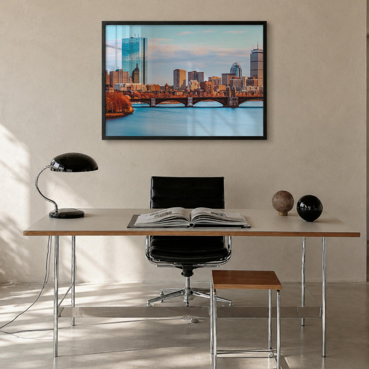 Boston colorful photo poster of Massachusetts, USA – horizontal wall art in black wood frame, hanging on wall