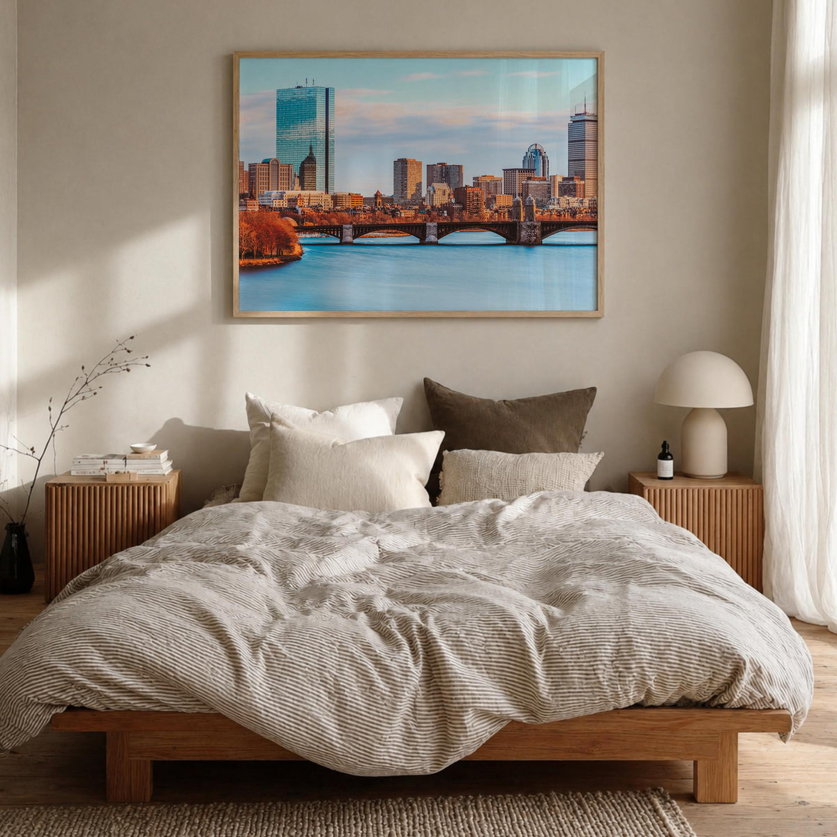 Boston colorful photo poster of Massachusetts, USA – horizontal wall art in natural wood frame, hanging on wall
