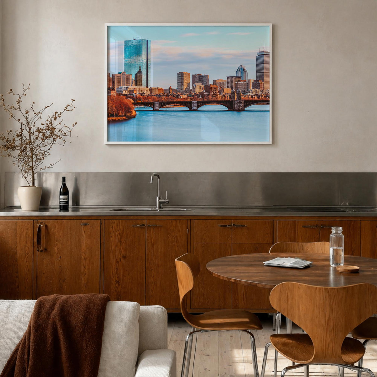 Boston colorful photo poster of Massachusetts, USA – horizontal wall art in white wood frame, hanging on wall