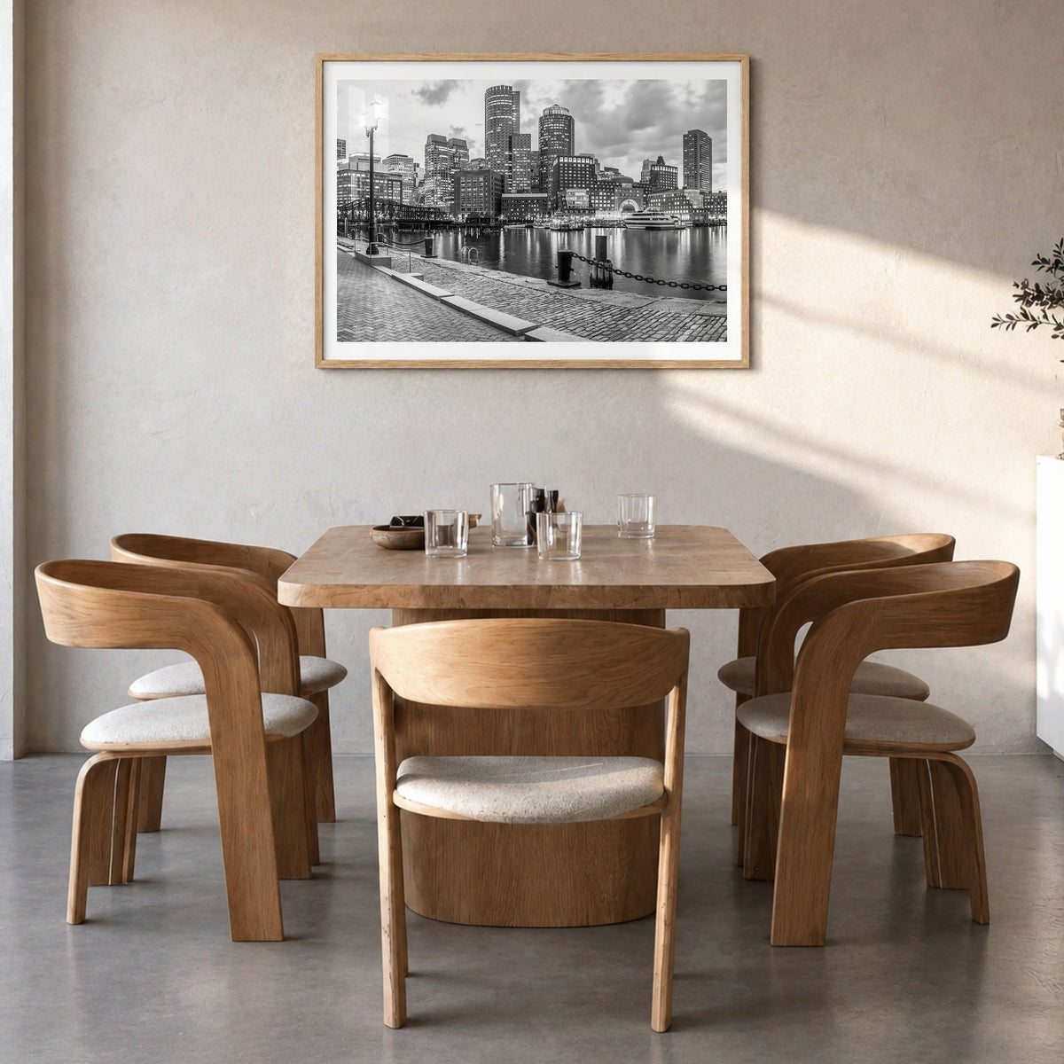 Boston Photo No 2 Poster in a natural wood frame, hanging in a dining room, white border