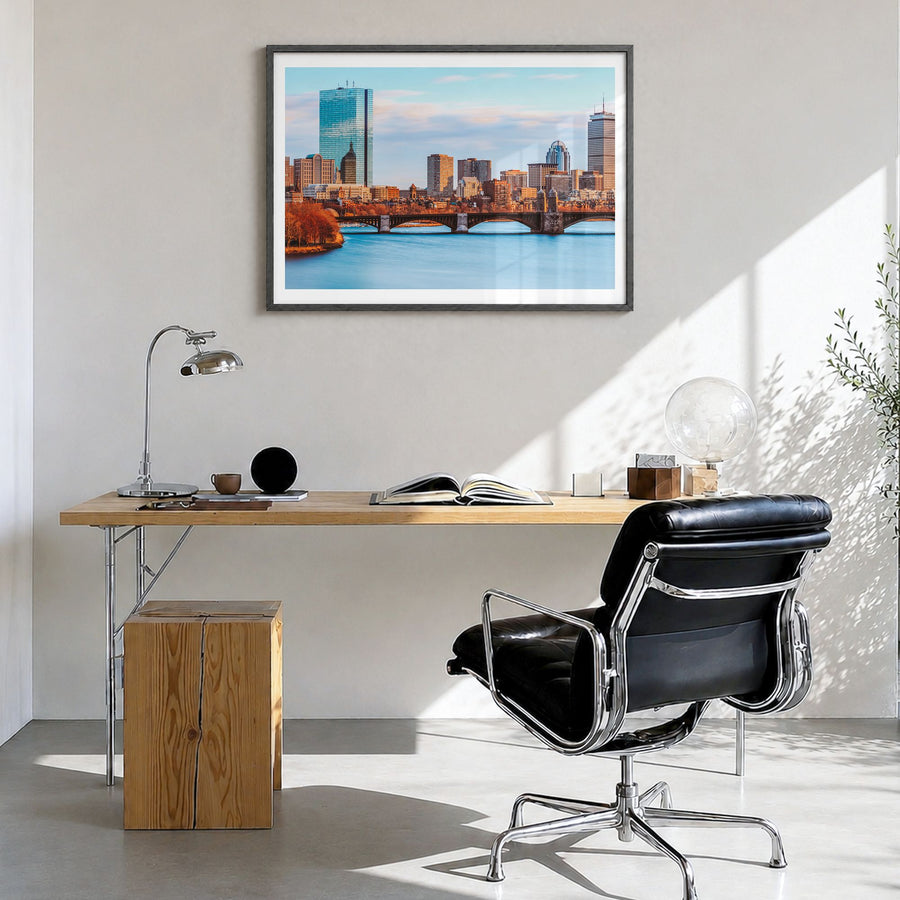 Boston Photo Poster in a black wood frame, hanging in a bright home office, white border