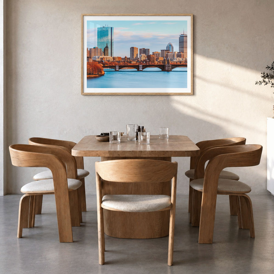Boston Photo Poster in a natural wood frame, hanging in a dining room, white border