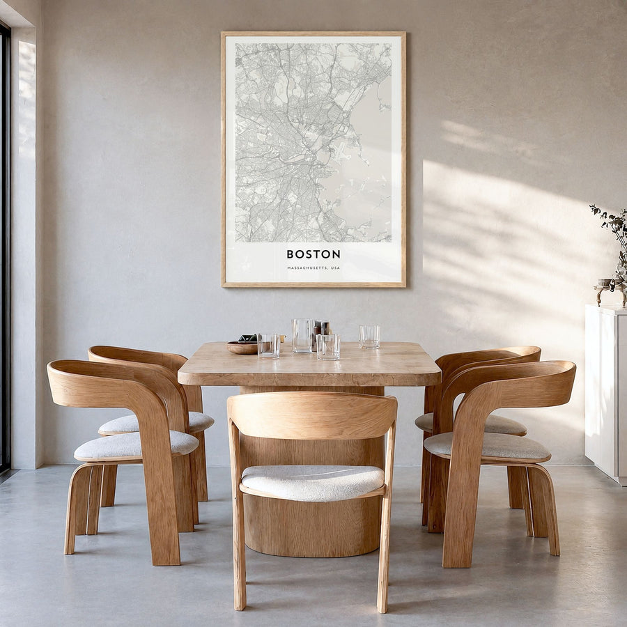 Boston Map Poster in a natural wood frame, hanging in a dining room