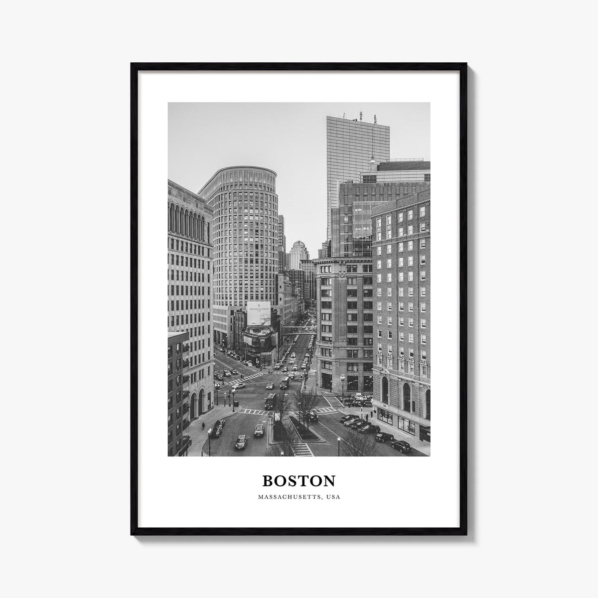 Boston no. 1 black & white classic poster of Massachusetts, USA – vertical wall art, unframed print shown in interior mockup