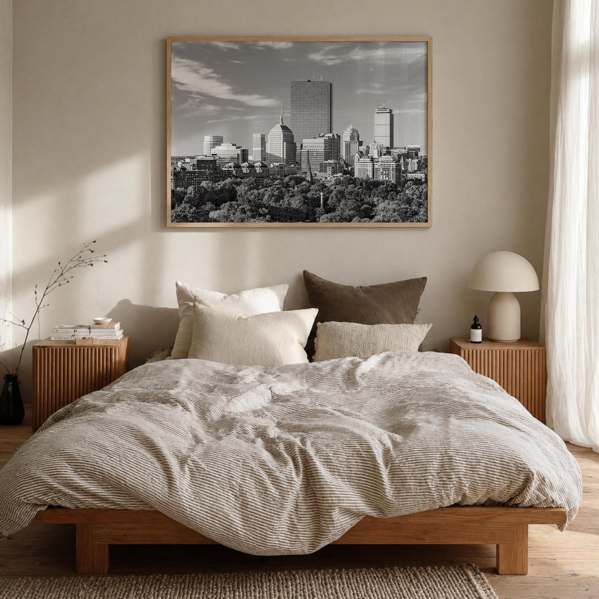 Boston no. 1 black & white photo poster of Massachusetts, USA – horizontal wall art in natural wood frame, hanging on wall