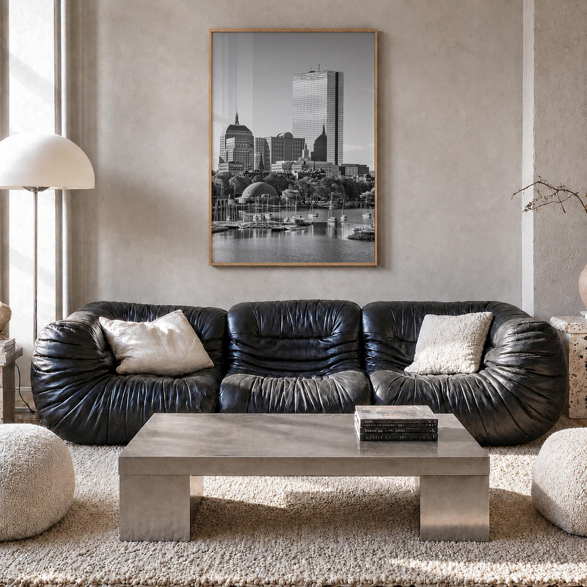 Boston no. 1 black & white photo poster of Massachusetts, USA – vertical wall art in natural wood frame, hanging on wall
