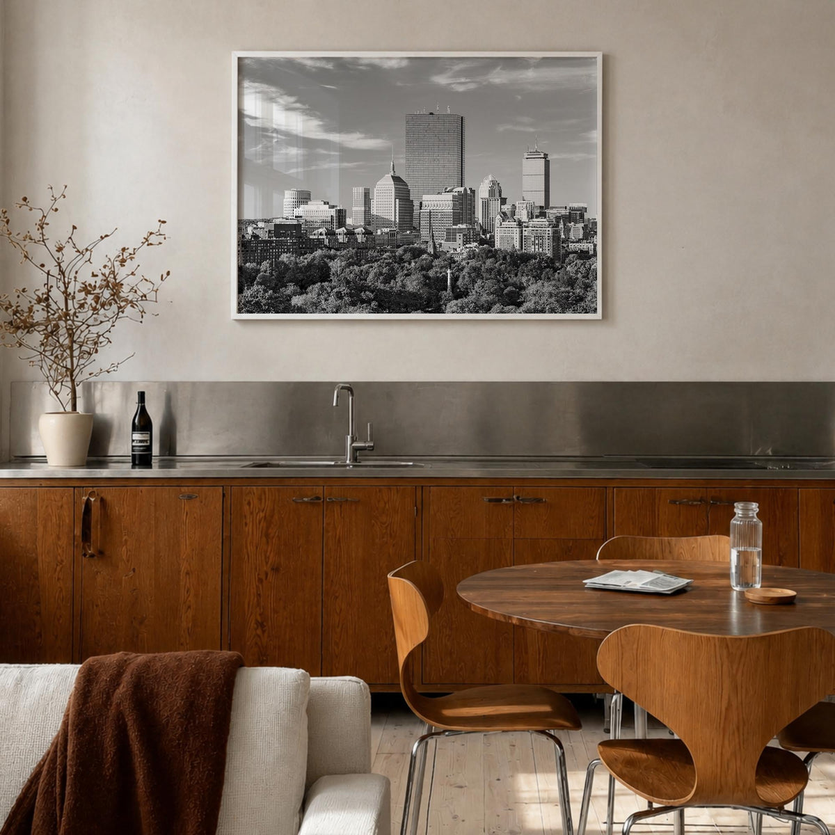 Boston no. 1 black & white photo poster of Massachusetts, USA – horizontal wall art in white wood frame, hanging on wall