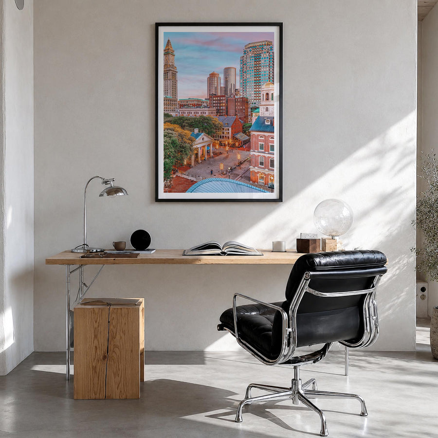 Boston no. 1 colorful photo poster of Massachusetts, USA – vertical wall art in black wood frame with white border, hanging o