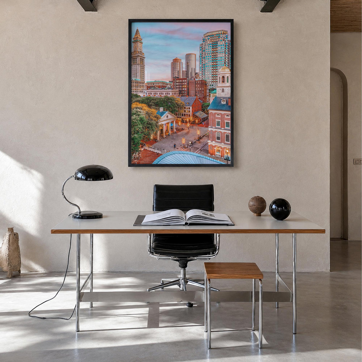 Boston no. 1 colorful photo poster of Massachusetts, USA – vertical wall art in black wood frame, hanging on wall