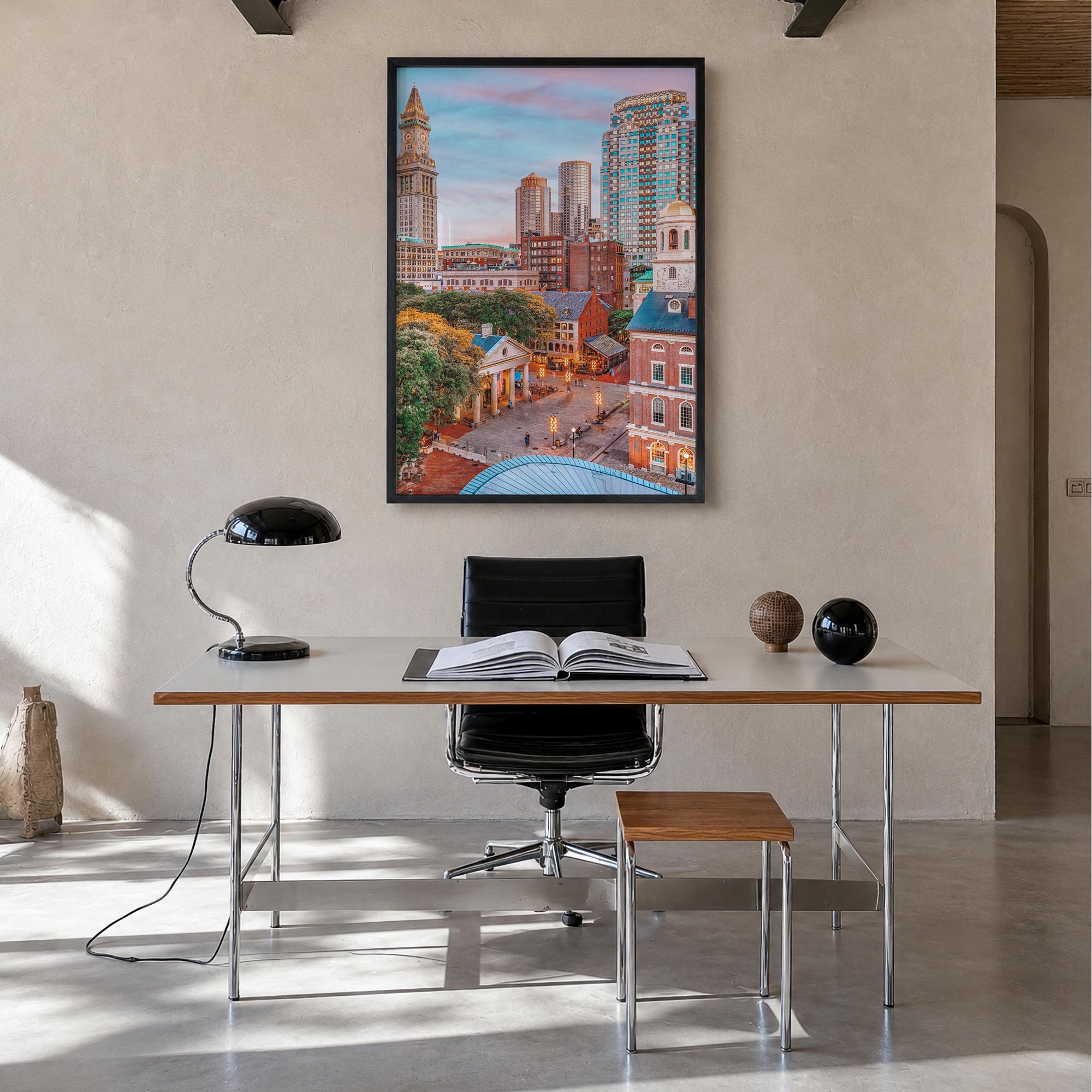 Boston no. 1 colorful photo poster of Massachusetts, USA – vertical wall art in black wood frame, hanging on wall