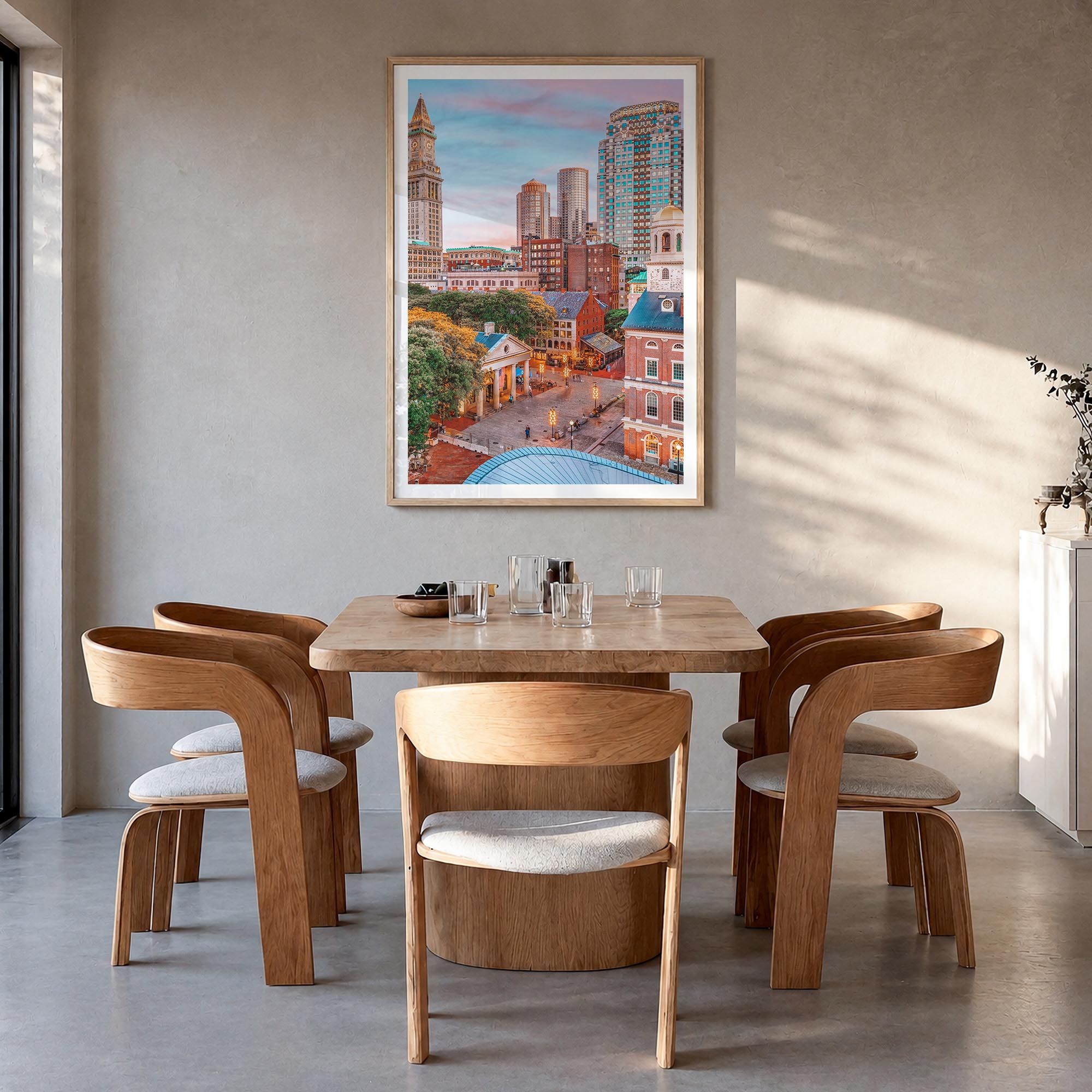 Boston no. 1 colorful photo poster of Massachusetts, USA – vertical wall art in natural wood frame with white border, hanging