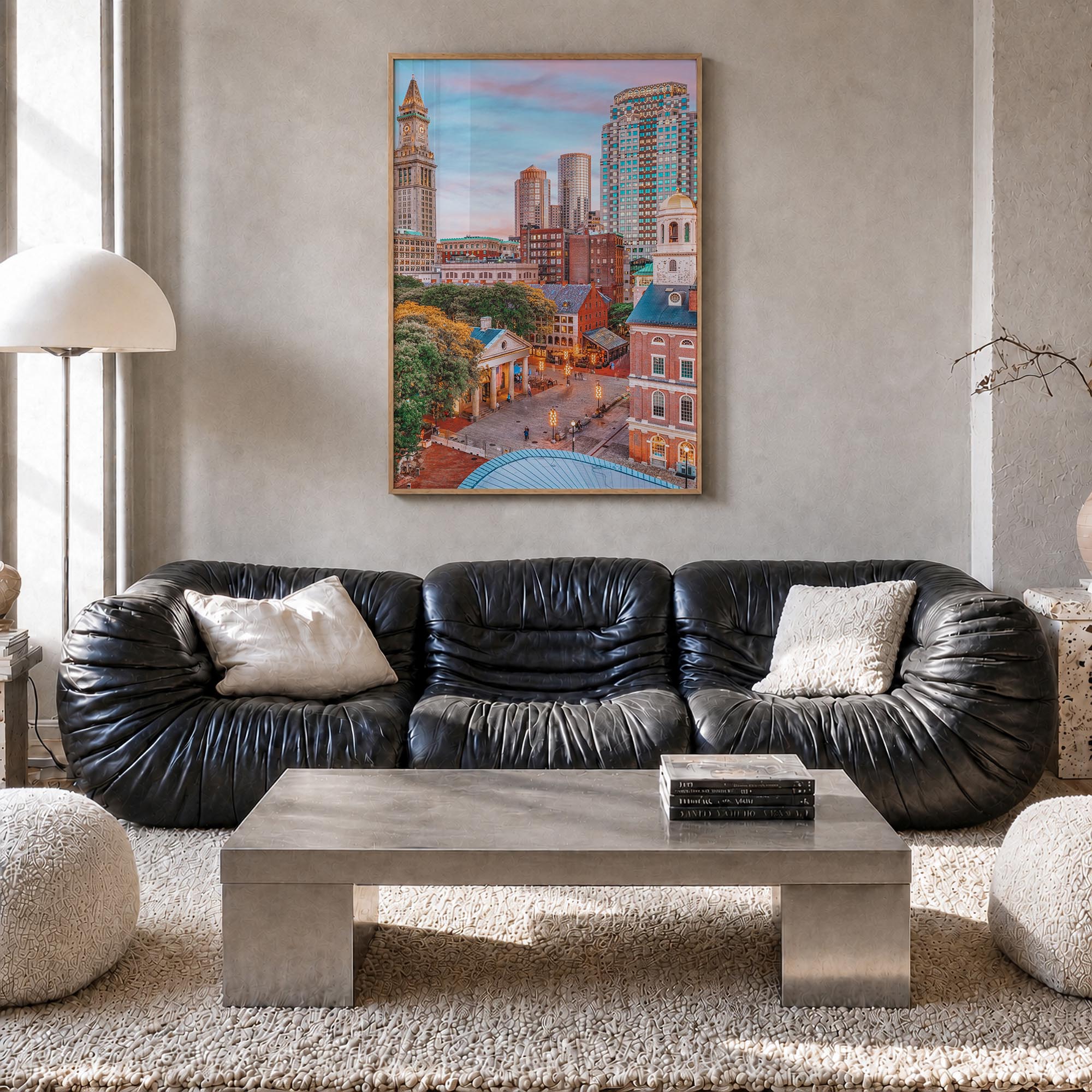Boston no. 1 colorful photo poster of Massachusetts, USA – vertical wall art in natural wood frame, hanging on wall
