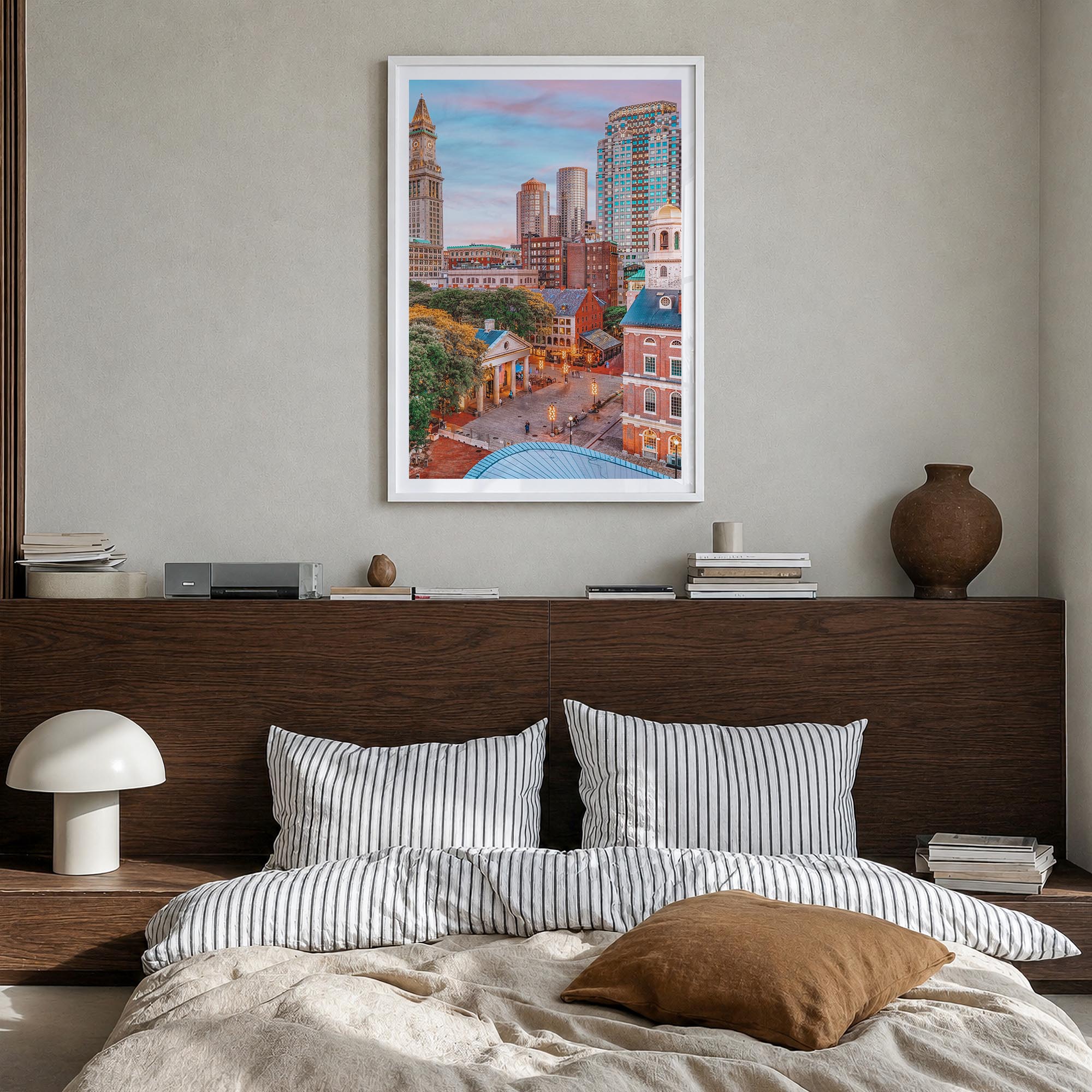 Boston no. 1 colorful photo poster of Massachusetts, USA – vertical wall art in white wood frame with white border, hanging o