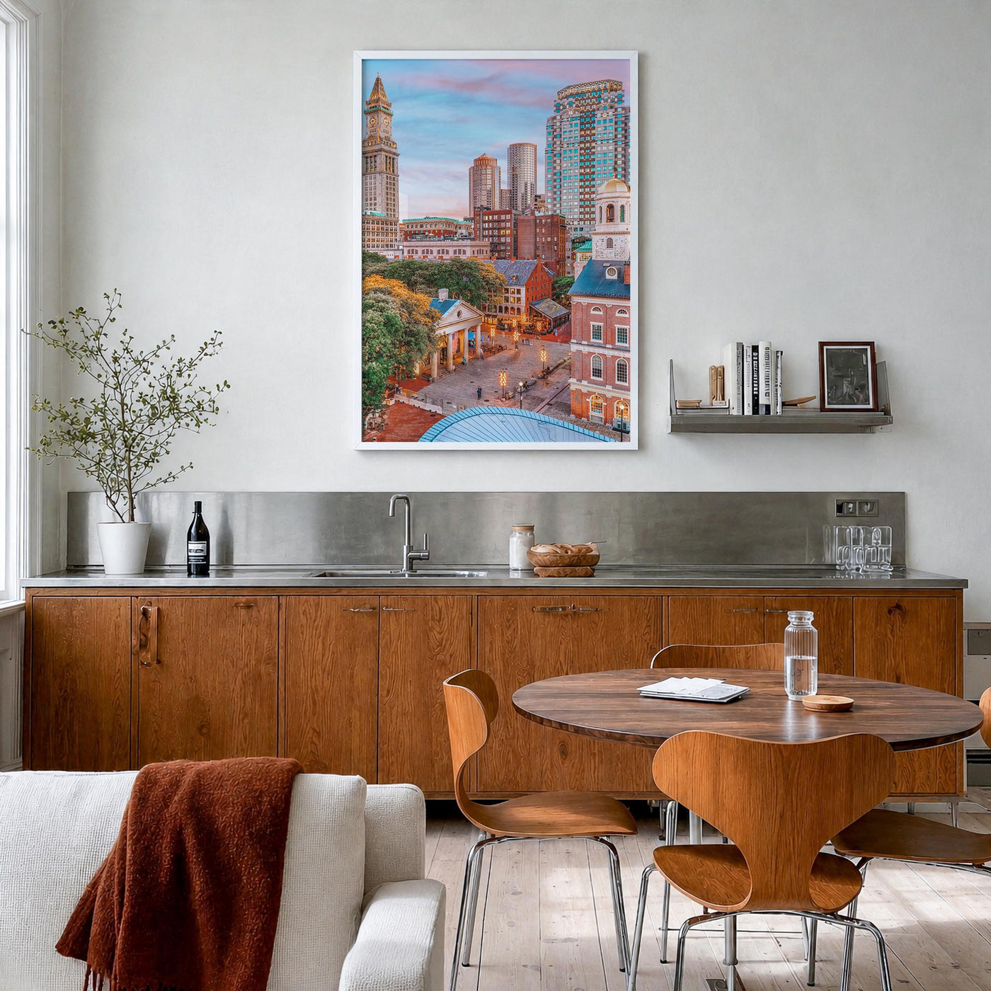 Boston no. 1 colorful photo poster of Massachusetts, USA – vertical wall art in white wood frame, hanging on wall