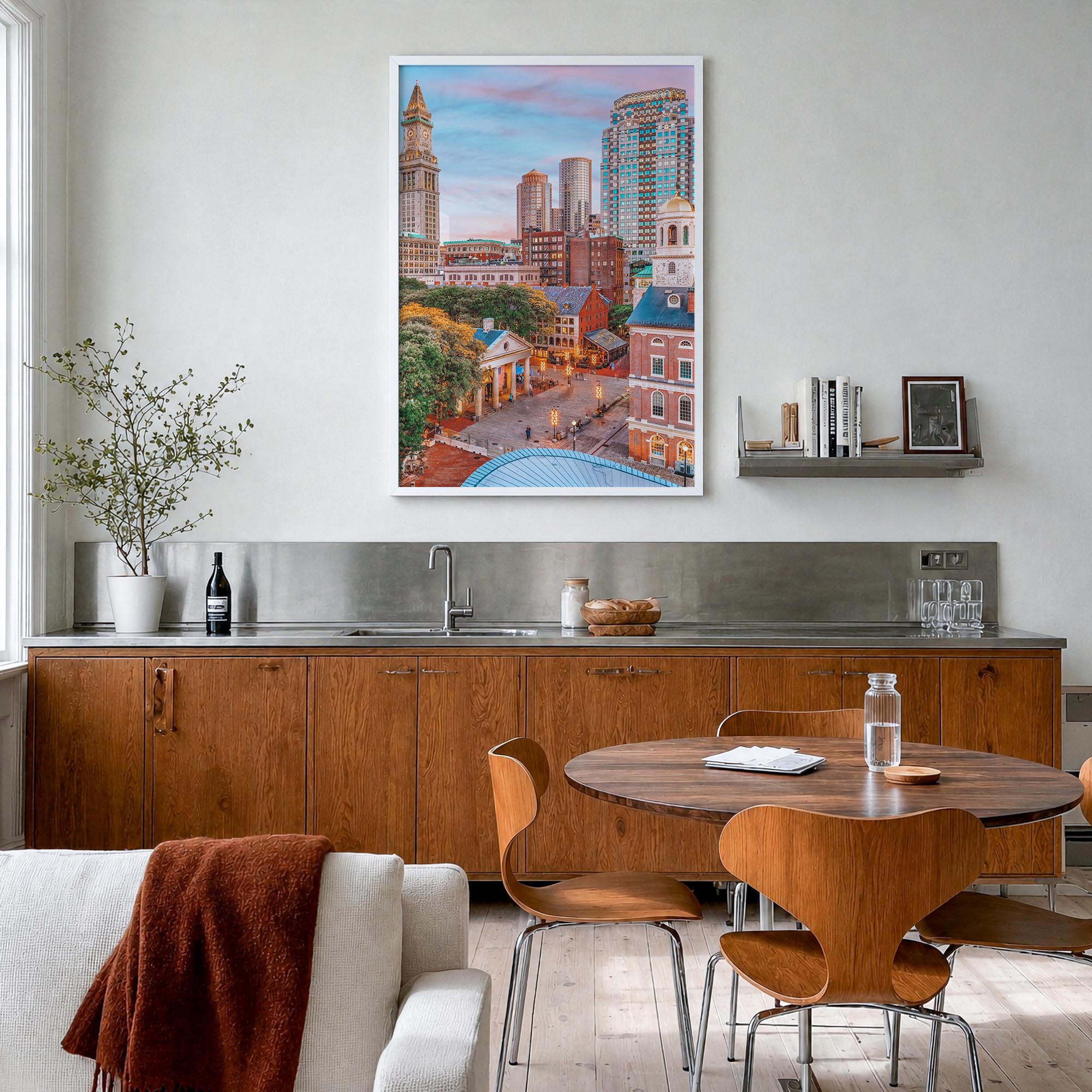 Boston no. 1 colorful photo poster of Massachusetts, USA – vertical wall art in white wood frame, hanging on wall