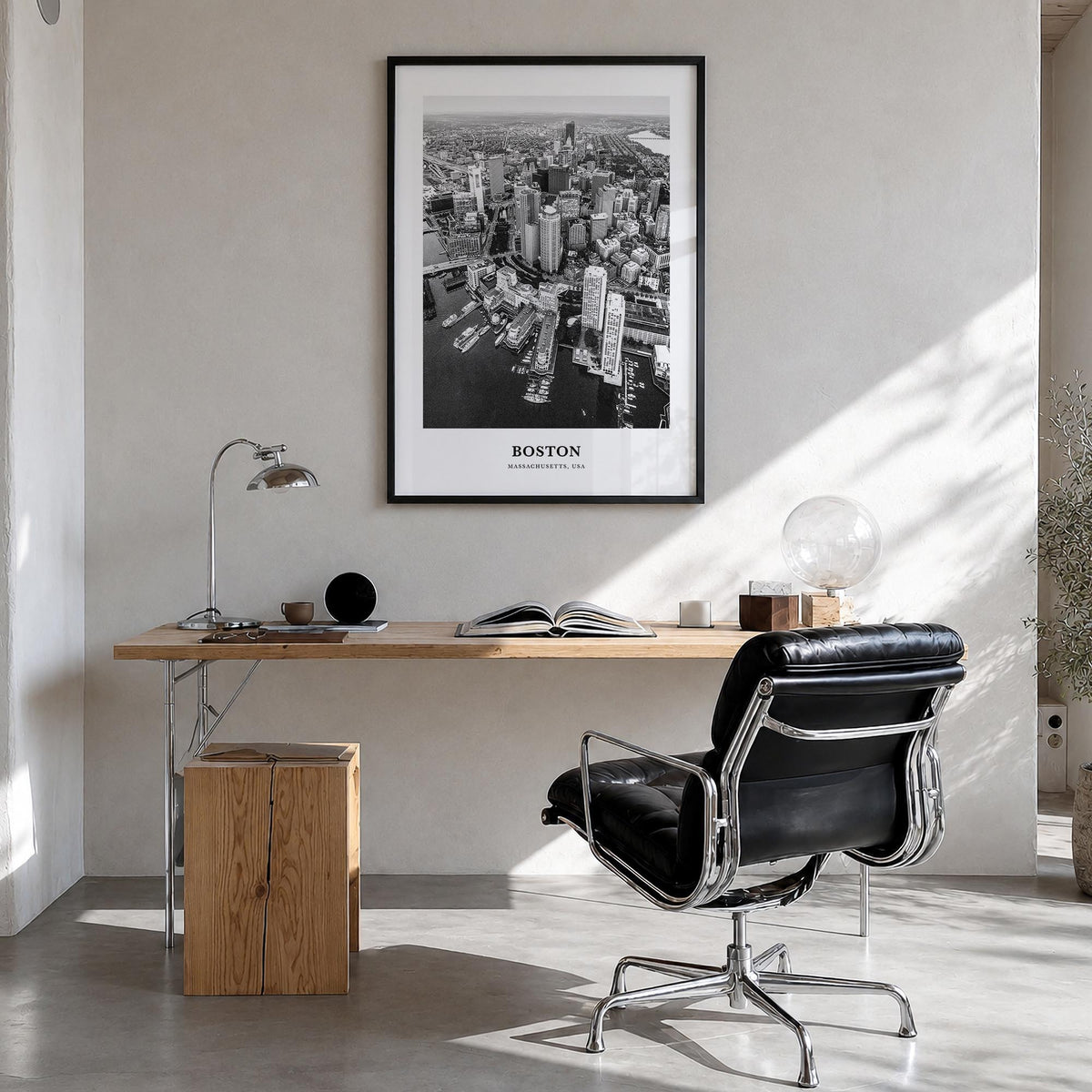 Boston no. 2 black & white classic poster of Massachusetts, USA – vertical wall art in black wood frame, hanging on wall