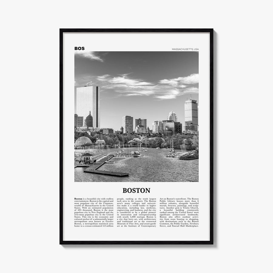 Boston no. 2 black & white newspaper poster of Massachusetts, USA – vertical wall art, unframed print shown in interior mocku