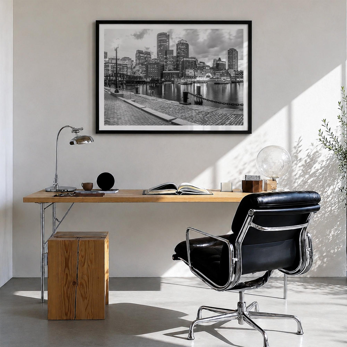 Boston no. 2 black & white photo poster of Massachusetts, USA – horizontal wall art in black wood frame with white border, ha