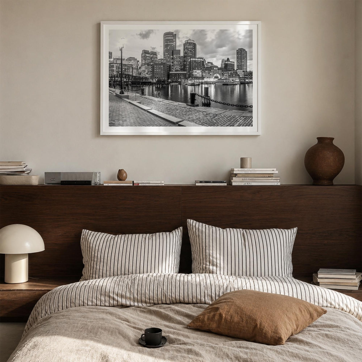 Boston no. 2 black & white photo poster of Massachusetts, USA – horizontal wall art in white wood frame with white border, ha