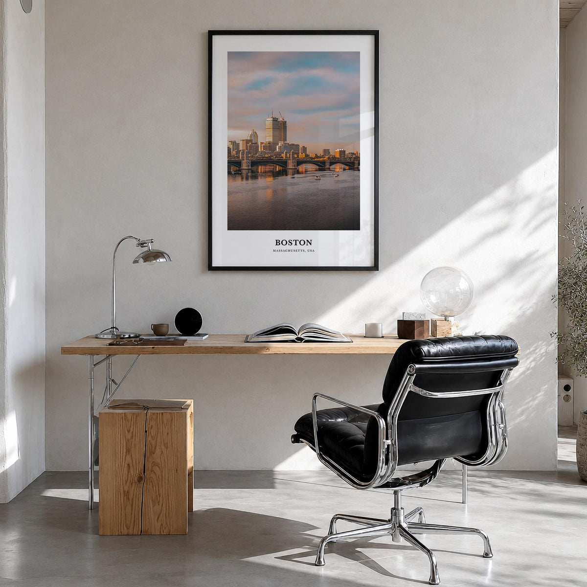 Boston no. 2 colorful classic poster of Massachusetts, USA – vertical wall art in black wood frame, hanging on wall