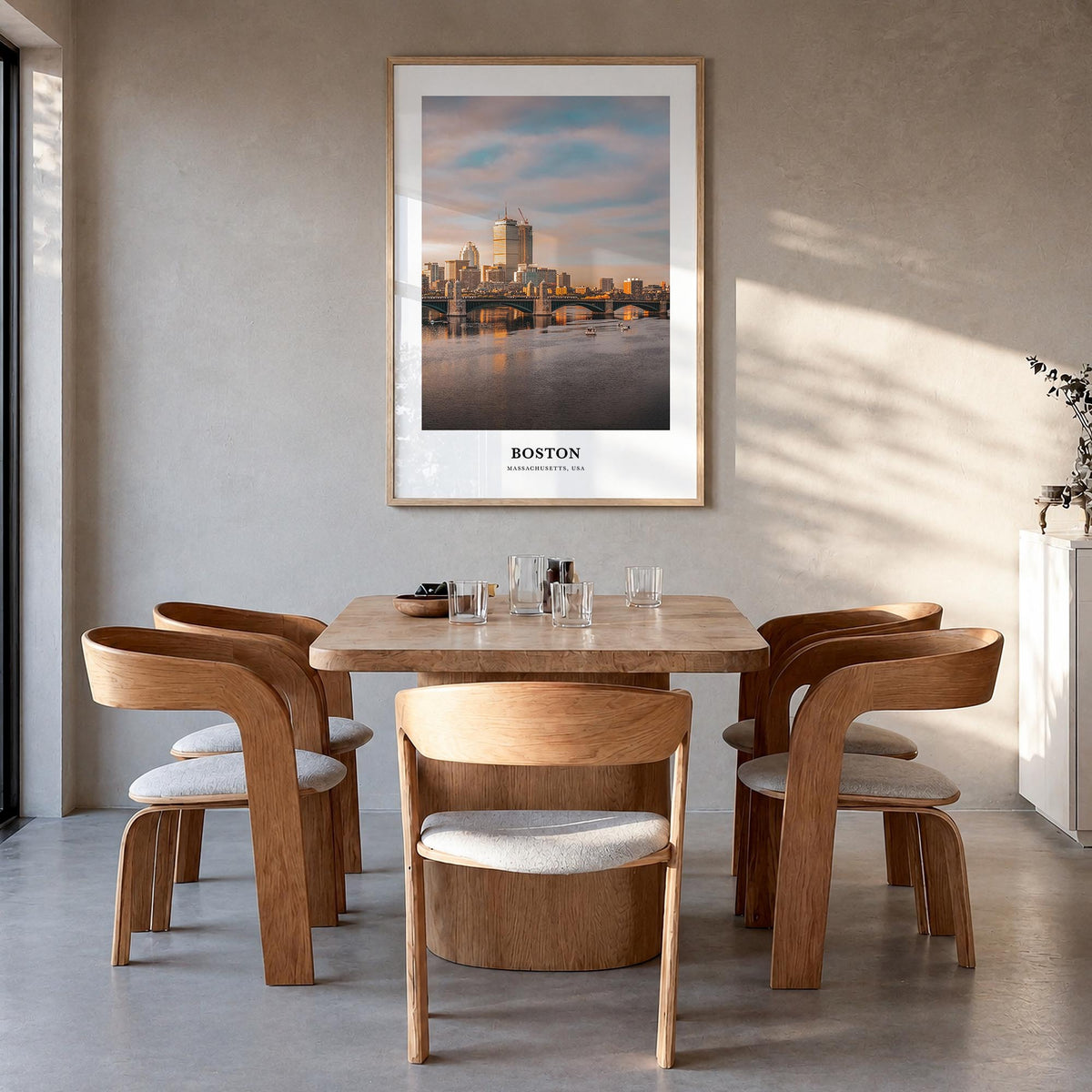 Boston no. 2 colorful classic poster of Massachusetts, USA – vertical wall art in natural wood frame, hanging on wall