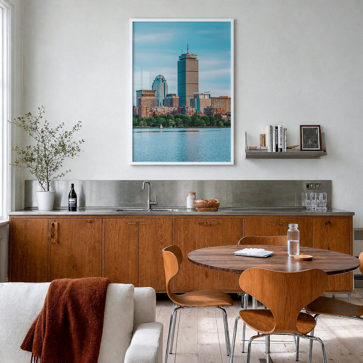 Boston no. 2 colorful photo poster of Massachusetts, USA – vertical wall art in white wood frame, hanging on wall