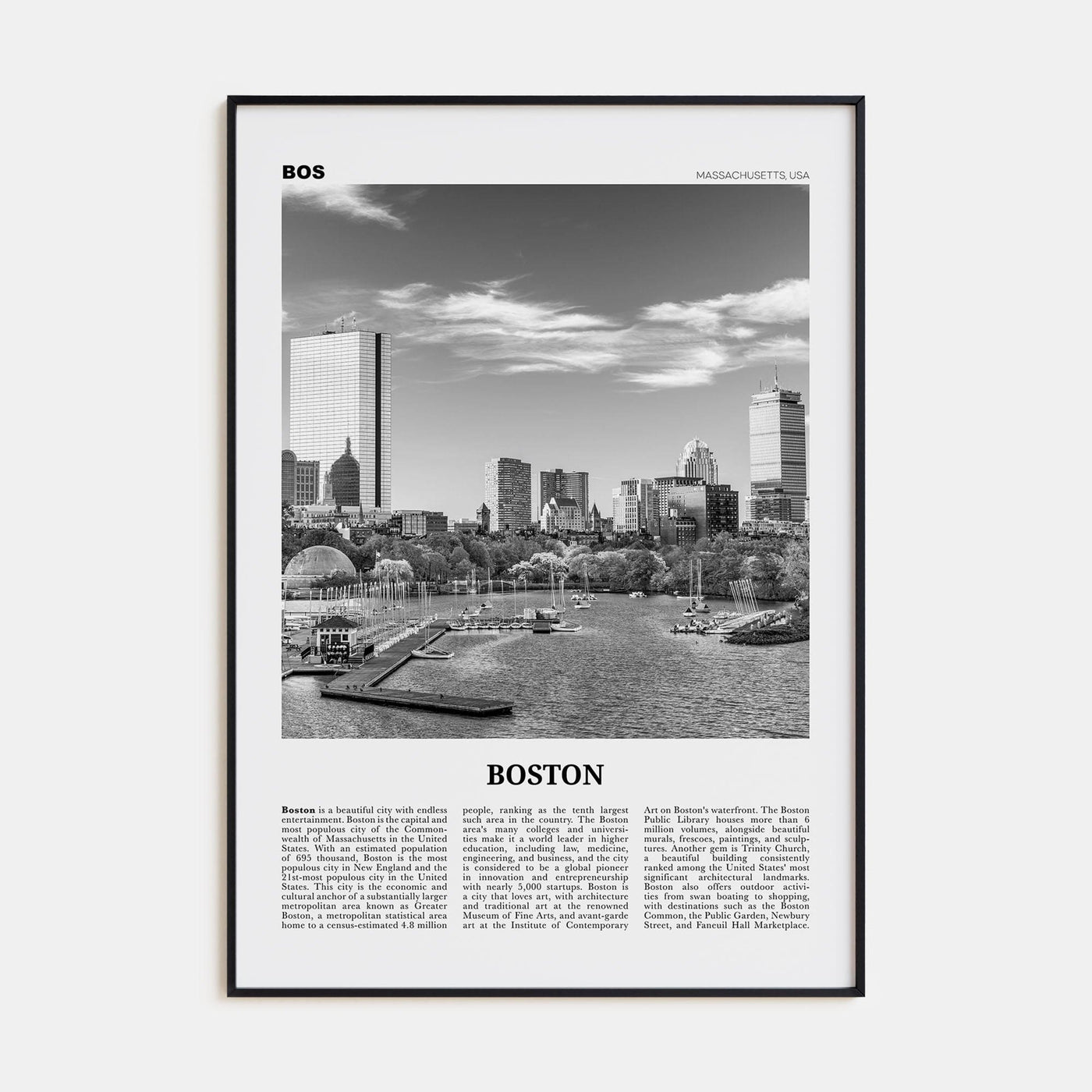 Boston No 2 Poster Black Metal / 8x12 in Nbourhood Travel B&W Poster