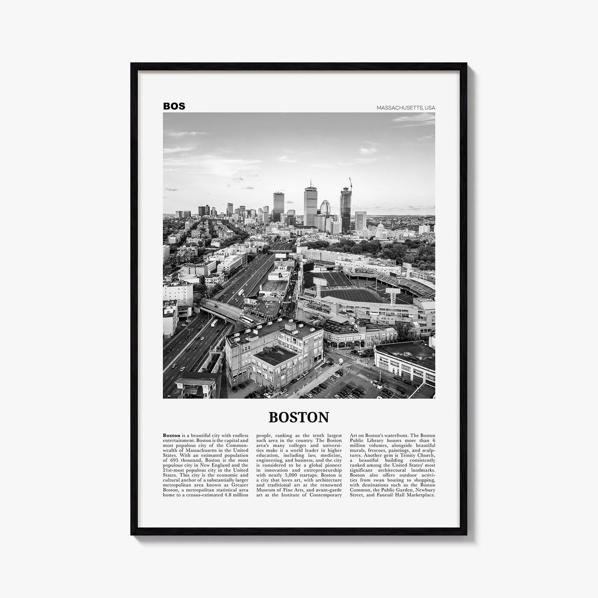 Boston no. 3 black & white newspaper poster of Massachusetts, USA – vertical wall art, unframed print shown in interior mocku