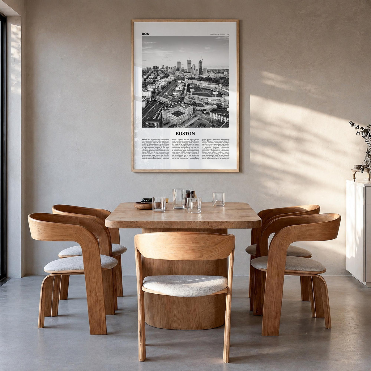 Boston no. 3 black & white newspaper poster of Massachusetts, USA – vertical wall art in natural wood frame, hanging on wall