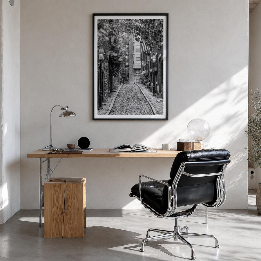 Boston no. 3 black & white photo poster of Massachusetts, USA – vertical wall art in black wood frame with white border, hang