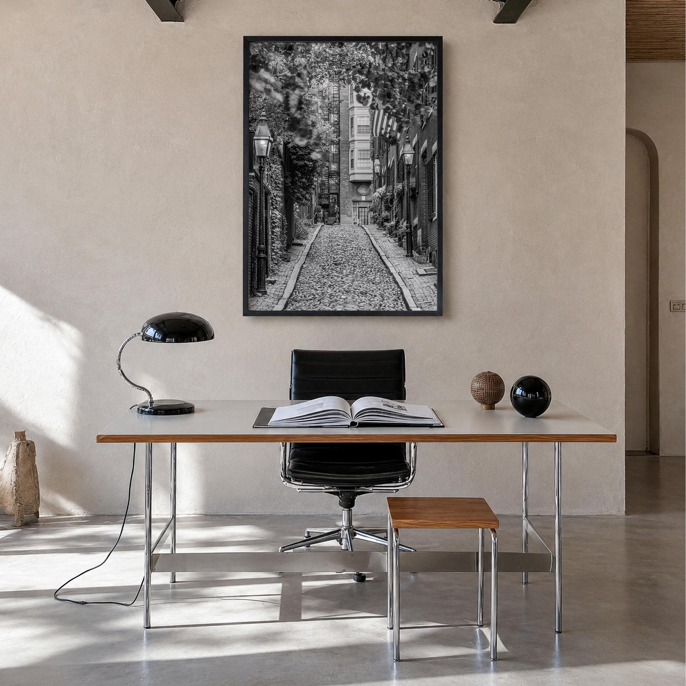 Boston no. 3 black & white photo poster of Massachusetts, USA – vertical wall art in black wood frame, hanging on wall