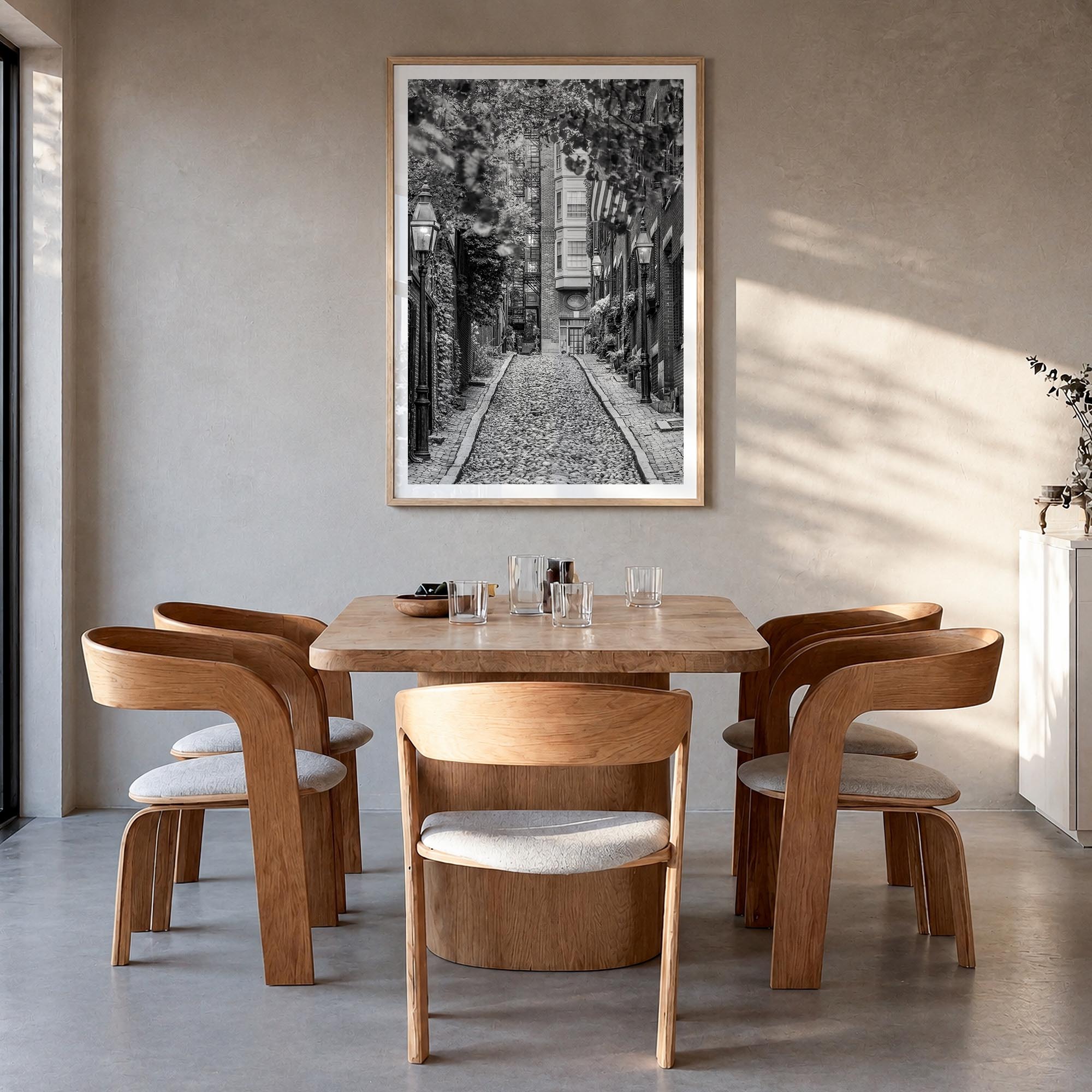 Boston no. 3 black & white photo poster of Massachusetts, USA – vertical wall art in natural wood frame with white border, ha