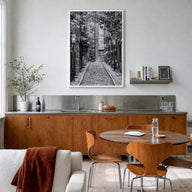 Boston no. 3 black & white photo poster of Massachusetts, USA – vertical wall art in white wood frame, hanging on wall
