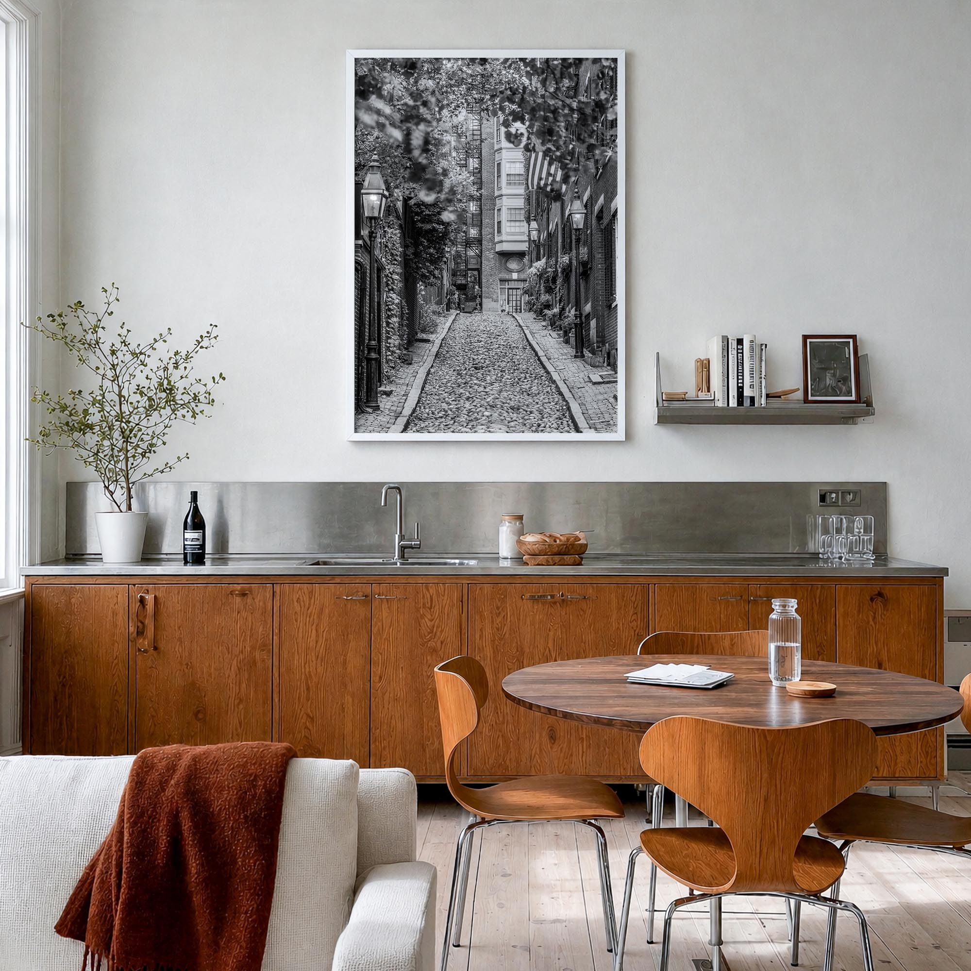 Boston no. 3 black & white photo poster of Massachusetts, USA – vertical wall art in white wood frame, hanging on wall