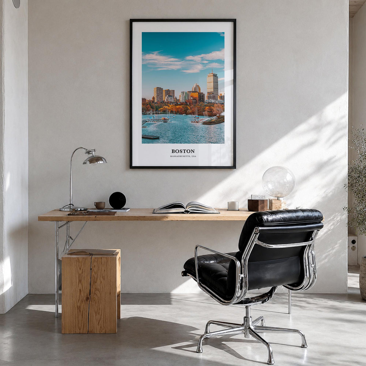 Boston no. 3 colorful classic poster of Massachusetts, USA – vertical wall art in black wood frame, hanging on wall
