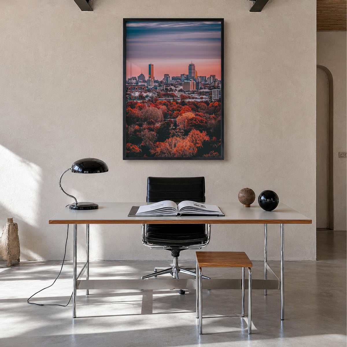 Boston no. 3 colorful photo poster of Massachusetts, USA – vertical wall art in black wood frame, hanging on wall